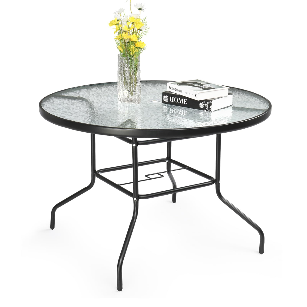 glass patio table with umbrella hole Flash Furniture Tory Commercial Grade Tempered Top with and Steel Tube Frame, Clear Top/Silver Frame This 18 inch diameter lazy Susan features durable Winston Porter Tempered Glass Metal